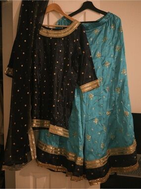 Elegant Women's Navy and Teal Embroidered Skirt Set